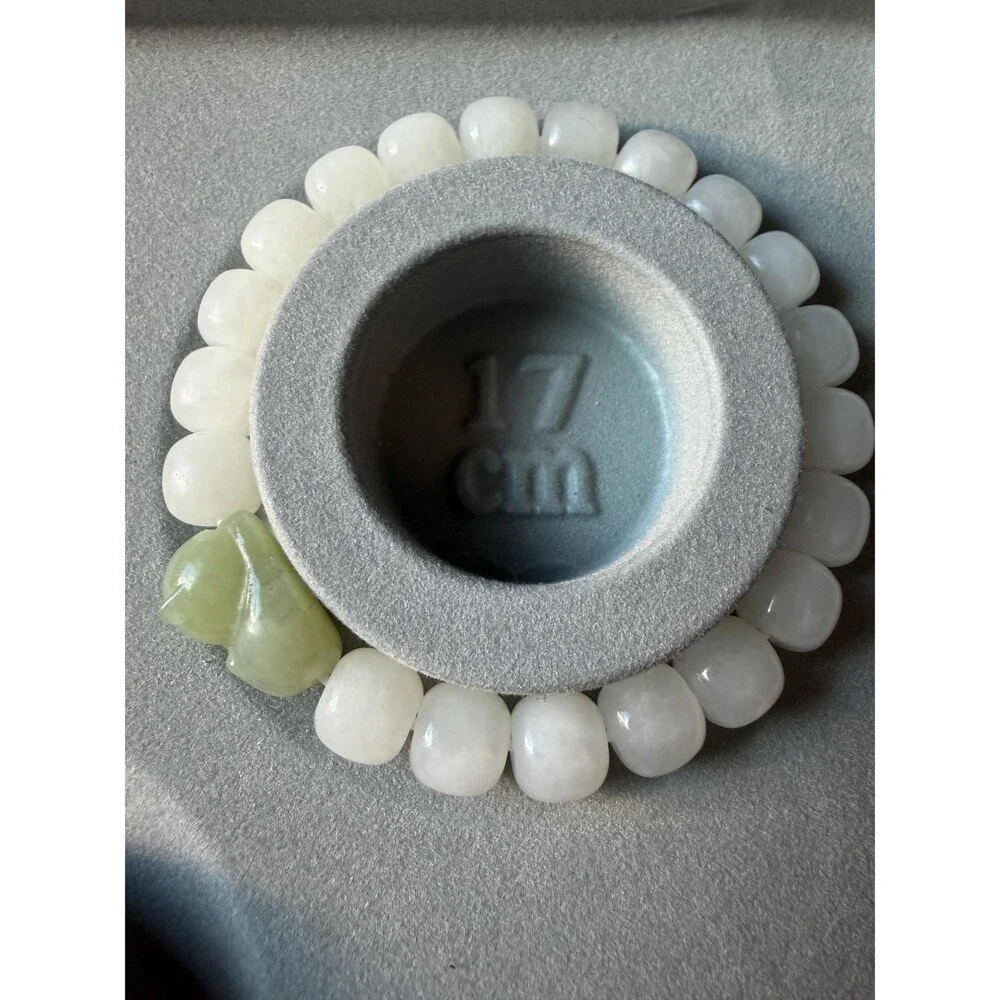 White Icy Jade Barrel Bracelet with Natural Green Jade Cat Charm Untreated Jade